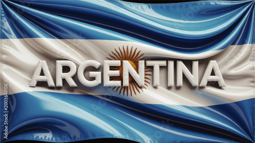 Argentina national flag waving in blue and white silk with sun emblem and bold typography patriotic abstract background