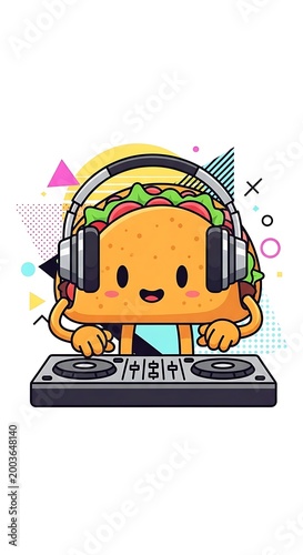 A cartoon taco, wearing headphones, is DJ-ing with a mixer and colorful geometric shapes. White background