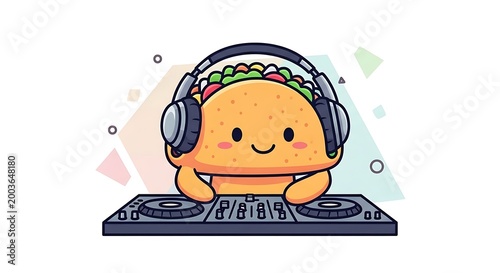 A cartoon taco, wearing headphones, happily DJing with a mixing console against a backdrop of pastel shapes