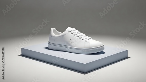 White sneaker on gray platform display.