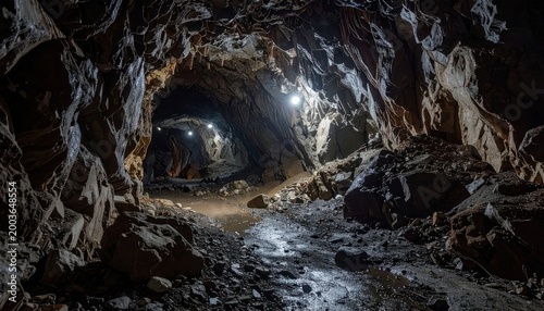 Exploration of a dark, rocky cave with artificial lights illuminating the path.