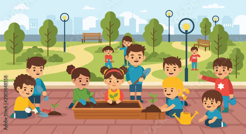 A group of diverse children are happily planting trees and flowers in a sunny urban park, promoting community teamwork and environmental care.