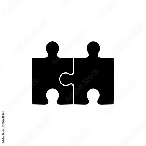 Two perfectly interlocking black puzzle pieces forming a seamless connection, representing partnership, integration, problem-solving, or complementary elements coming together.