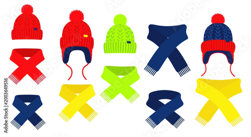 Colorful winter hats and scarves set.