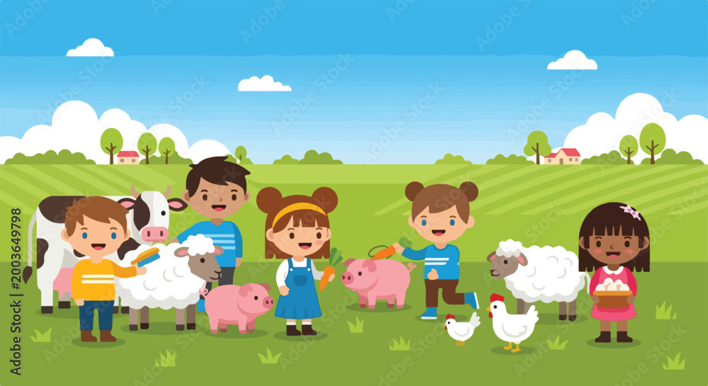 Fototapeta premium The image shows five diverse children happily interacting with farm animals like cows, sheep, pigs, and chickens in a green field under a sunny sky.