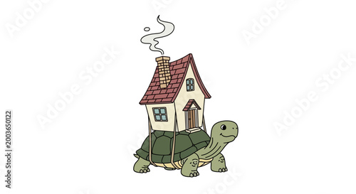 Cartoon tortoise carrying a house on its back, slow moving concept