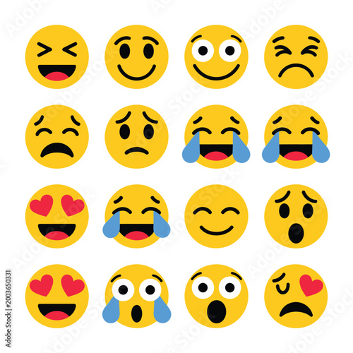 set of sixteen yellow circular emoji icons on white background