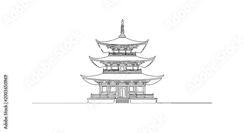 Elegant line drawing of a traditional multi-tiered Asian pagoda showcasing detailed architectural elements and iconic curved