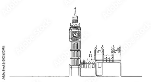 Detailed line drawing of the iconic Big Ben clock tower and palace of Westminster in London with precise architectural features