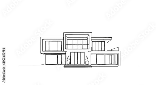Modern architectural house with multiple geometric volumes and large windows showcasing contemporary design principles