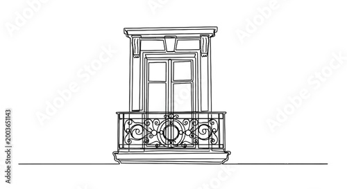 Elegant vintage balcony with ornate wrought iron railing overlooking classic architectural window design