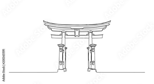 Minimalist Illustration of Traditional Japanese Torii Gate with Elegant Curves and Structural Details Emphasizing Cultural