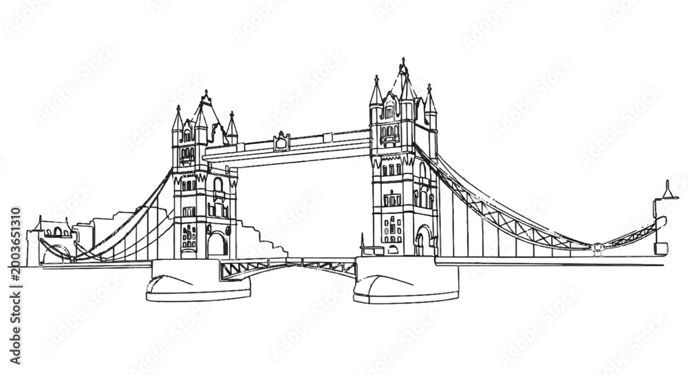 Obraz premium Minimalist Line Drawing of Tower Bridge showcases architectural elegance and detailed engineering in a simple monochrome sketch