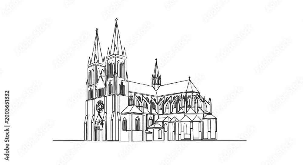 Fototapeta premium Intricate Line Art Illustration of a Gothic Cathedral with Tall Spires and Detailed Architectural Features for Artistic and