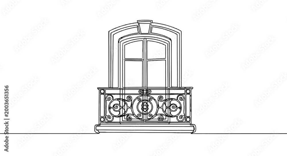 Fototapeta premium Intricate wrought iron balcony with dual-pane window showcasing classic architectural elegance