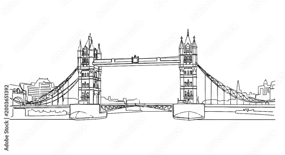 Obraz premium Minimalist line drawing of the Tower Bridge in London emphasizing its iconic structure and suspension design in a sleek artistic