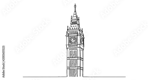 Detailed black and white line drawing of the historic Big Ben clock tower in Westminster London that captures its intricate