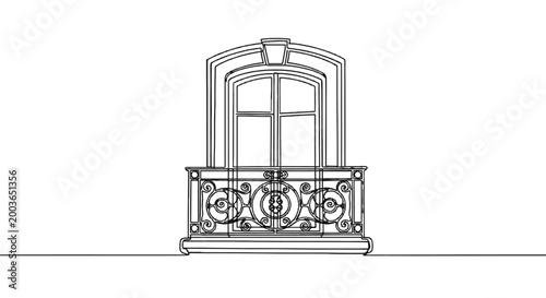 Intricate wrought iron balcony with dual-pane window showcasing classic architectural elegance