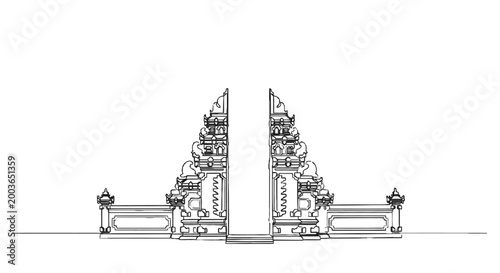 Intricate symmetrical architectural line drawing of traditional temple gateways with detailed ornamental features and balanced