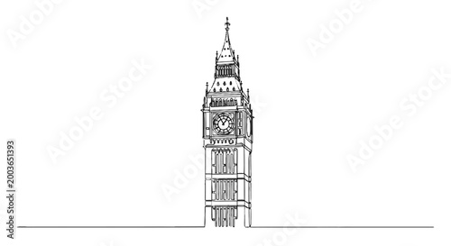 Intricate Line Drawing of Big Ben Tower in London with Detailed Architectural Features