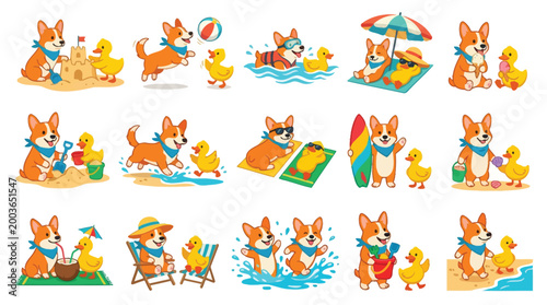 Adorable corgi dog and cute duckling enjoying various summer beach activities together, including playing in the sand, swimming, and relaxing under an umbrella.