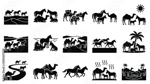 Collection of black and white silhouette illustrations depicting camels and horses in various desert and caravan scenes, including travel, rest, and interaction under a sun.