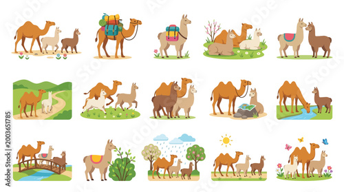 A charming collection of illustrations featuring camels and llamas in various natural and pastoral settings, showcasing their interactions and daily life.