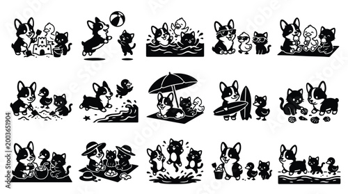 A charming collection of black and white illustrations depicting corgis and kittens enjoying various summer activities, including playing on the beach, swimming, and relaxing under an umbrella.