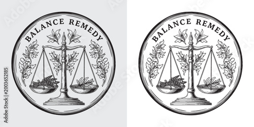 Balance Remedy Scales of Justice with Healing Herbal Plants Logo