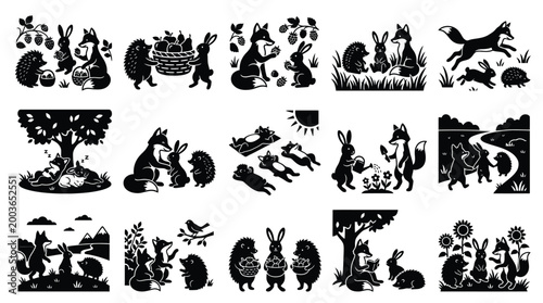 Collection of charming black and white silhouette illustrations depicting woodland animals in various whimsical scenes and activities.