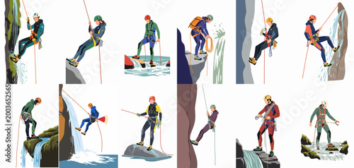 Photography Collection of flat vector illustrations depicting people participating in canyoneering activities, rappelling down waterfalls and cliffs with specialized gear and safety equipment