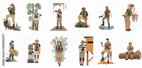 Collection of Explorers and Naturalists Engaged in Wildlife Observation, Photography, and Nature Study Activities Set Against a White Background.