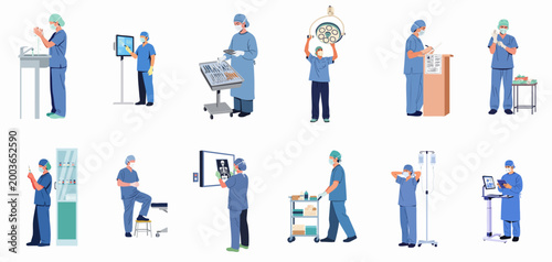 Collection of healthcare professionals in blue scrubs performing various medical tasks, including surgery preparation, patient monitoring, radiology, and clinical procedures.