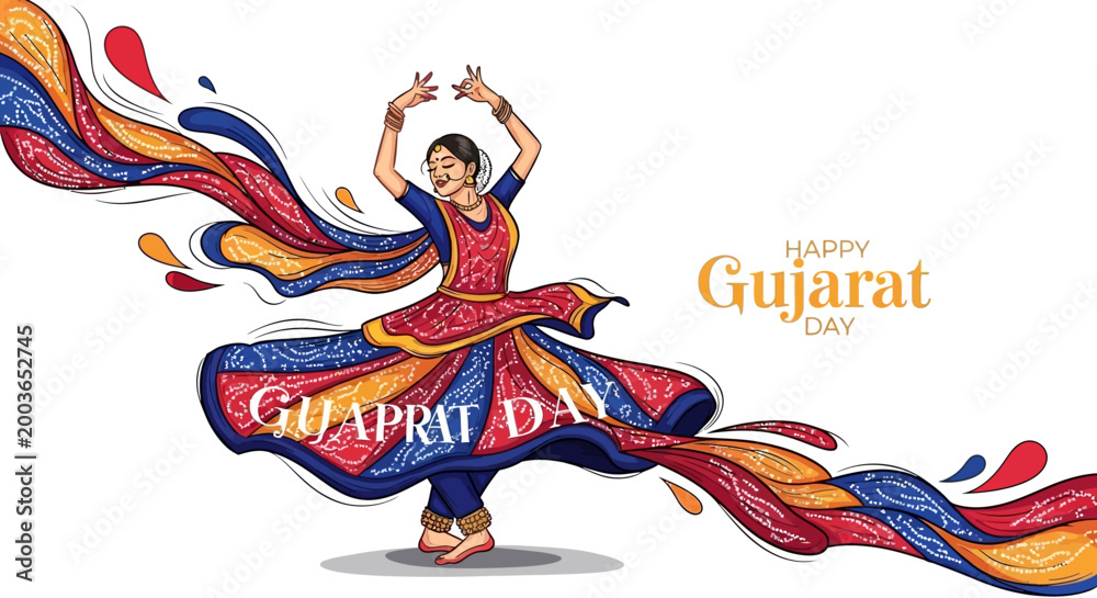 Fototapeta premium Against a white background, an illustration celebrates Gujarat Day, showcasing a woman in traditional dress performing Garba dance, with vibrant, swirling colors creating a festive
