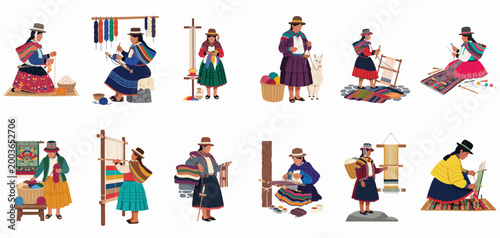 Collection of Illustrations Depicting Andean Indigenous Women in Traditional Attire Weaving, Spinning Wool, and Working with Colorful Textiles