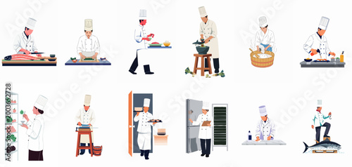 Collection of flat vector illustrations depicting professional Japanese sushi chefs engaged in various culinary tasks, from food preparation to kitchen management.
