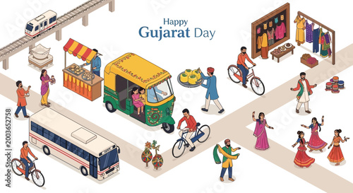 Isometric vector illustration showcasing Gujarat Day celebrations, featuring people enjoying local food, riding bicycles, and viewing traditional clothing, set against a clean background