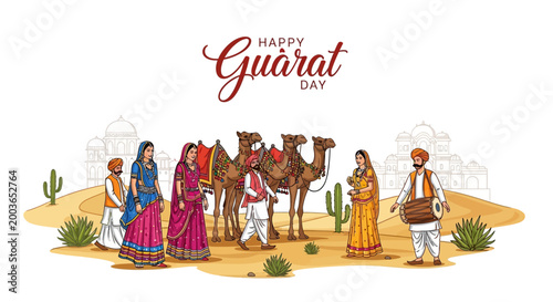 A vibrant vector illustration celebrates Gujarat Day with traditionally dressed people and camels in a desert landscape, set against a backdrop of historic architecture with warm earthy