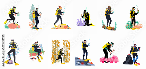 Diverse collection of scuba divers conducting marine biology research, taking samples, and observing aquatic life in various underwater ecosystems.