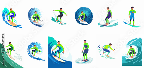Photography Set of vector illustrations showing a male surfer in a wetsuit performing various maneuvers and riding waves in a modern flat design style