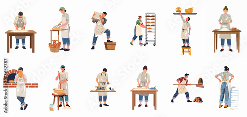Flat vector illustration set of professional bakers performing various tasks in a bakery, including kneading dough, baking bread, and preparing ingredients.