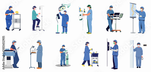 Set of Medical Professionals in Scrubs Performing Various Surgical and Diagnostic Tasks in a Clinical Environment on White Background