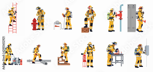 A collection of professional firefighters in yellow protective gear performing various rescue, maintenance, and safety tasks, presented as flat vector illustrations.
