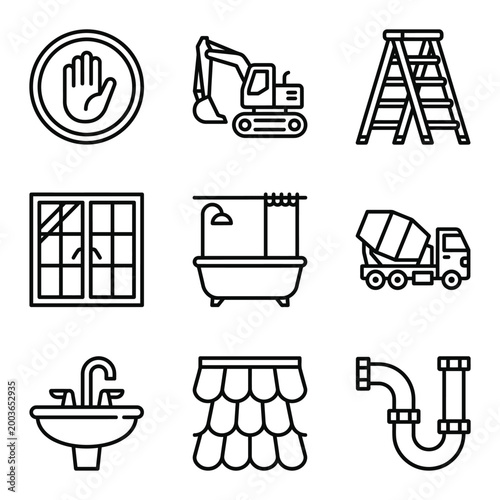 Residential construction and plumbing maintenance line icons set with construction plumbing maintenance building