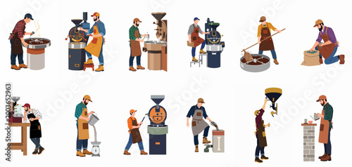 Flat Vector Illustration Set of Professional Men Roasting and Preparing Coffee Beans with Industrial Equipment on White Background