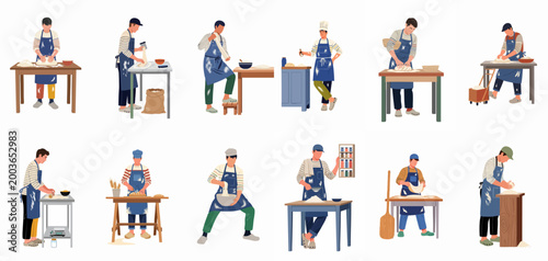 Collection of Male Bakers and Chefs Kneading Dough and Preparing Bread in Various Stages of the Baking Process Illustration.