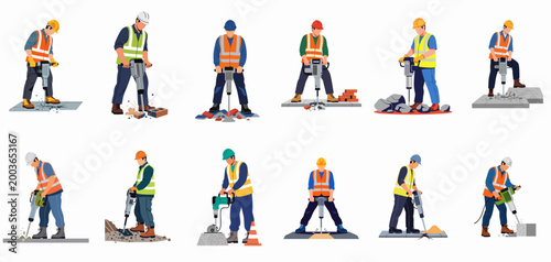 Collection of flat vector illustrations featuring construction workers in safety gear operating jackhammers to break concrete and pavement on a white background.