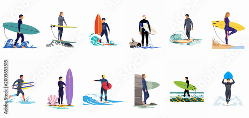 Diverse collection of surfers in wetsuits with colorful surfboards, featuring various beach activities and surfing poses in a clean flat illustration style.