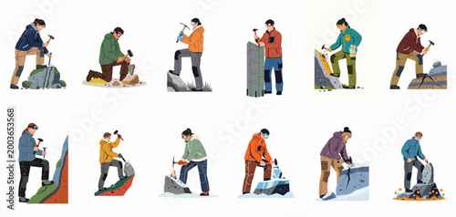 Set of diverse professional geologists and miners using hammers and pickaxes to extract minerals, crystals, and fossils from rocks isolated on white background.