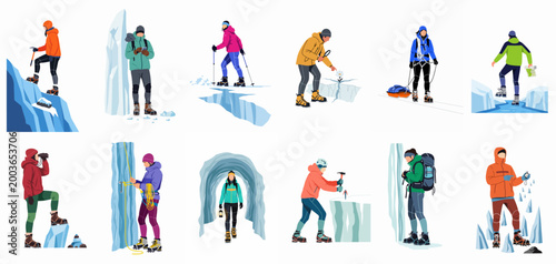 Flat vector illustration set of people engaged in various arctic adventures, mountaineering, and winter sports on white background